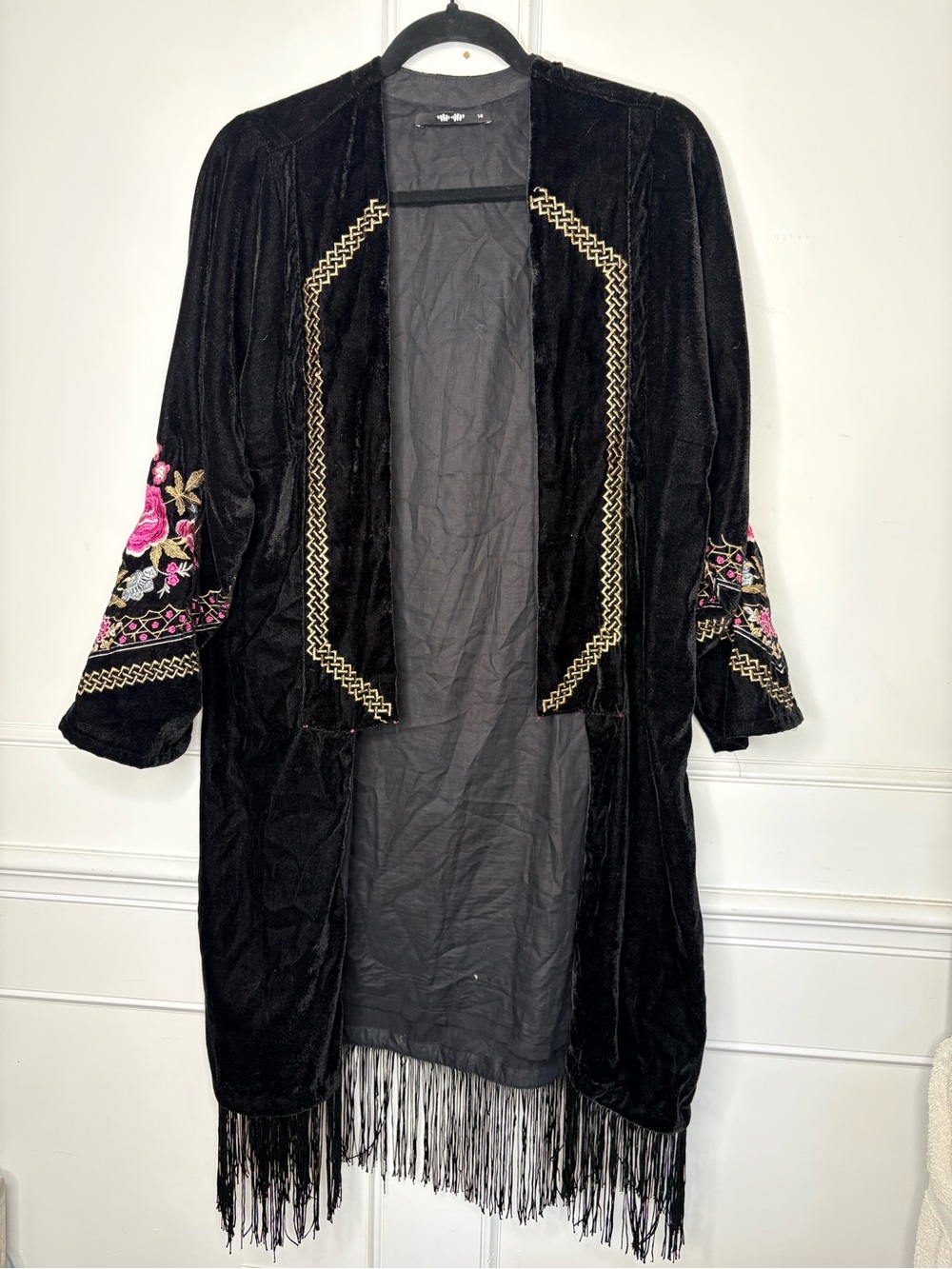 Black Velvet Embroidered Fringe Open-Front Robe